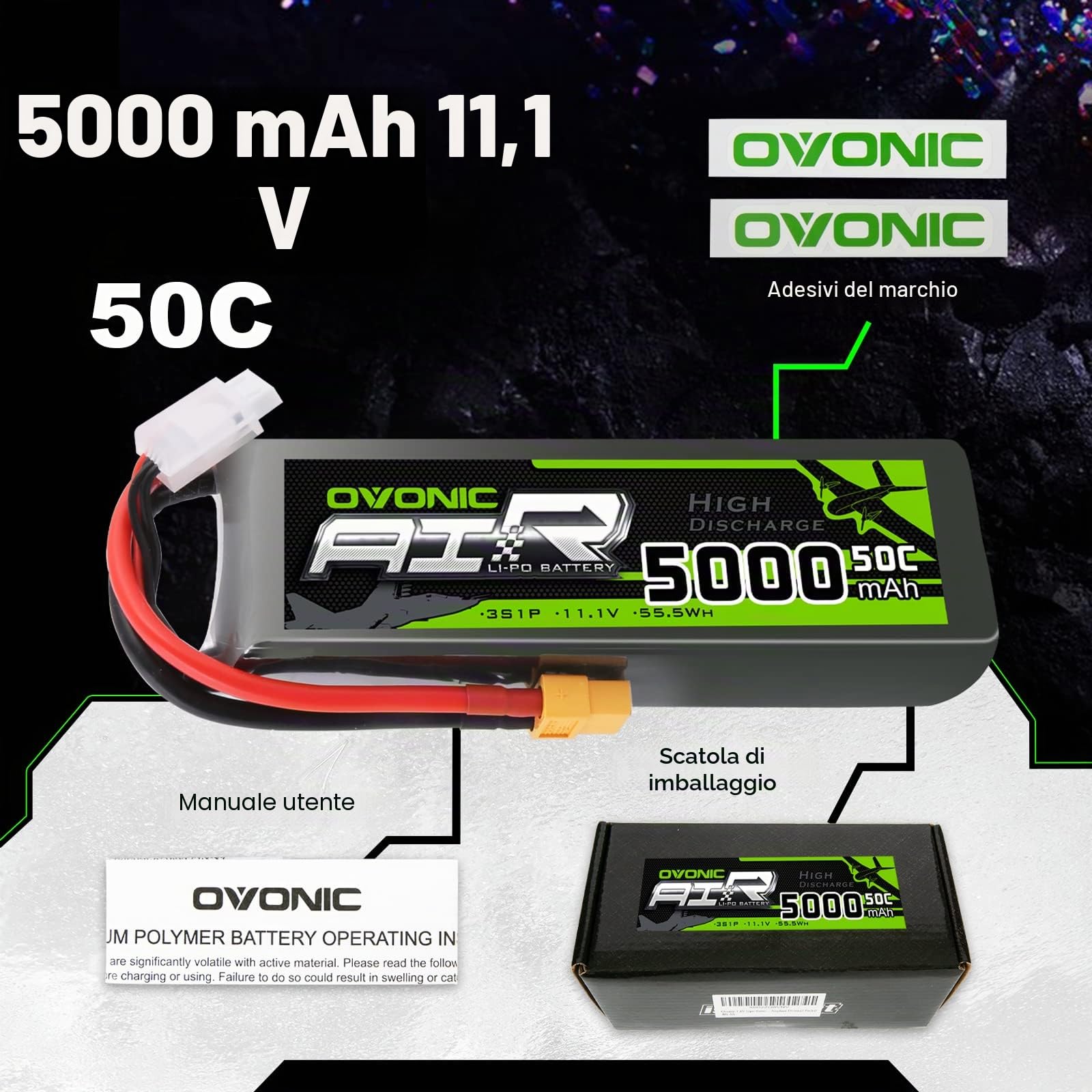 OVONIC 3S Batteria Lipo 50C 5000mAh 11.1V LiPo RC batteria con connettore XT60 per RC Auto Boat Truck Heli Aereo Quadcopter elicottero Multispotore Hobby（2 packs）