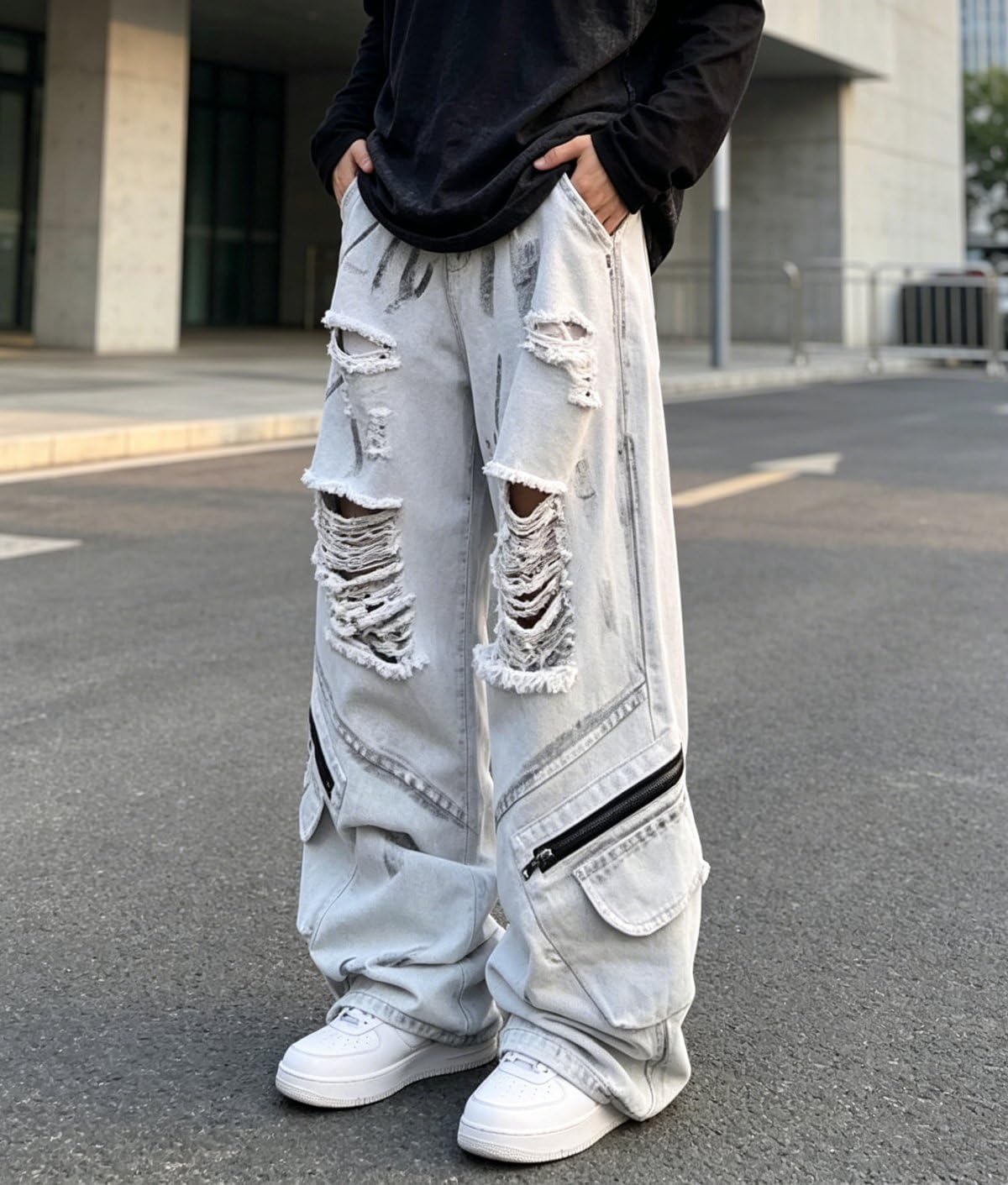 Y2K Unisex Baggy Jeans Wide Leg Distressed Ripped Cargo Denim Pants Oversized Vintage Wash Streetwear