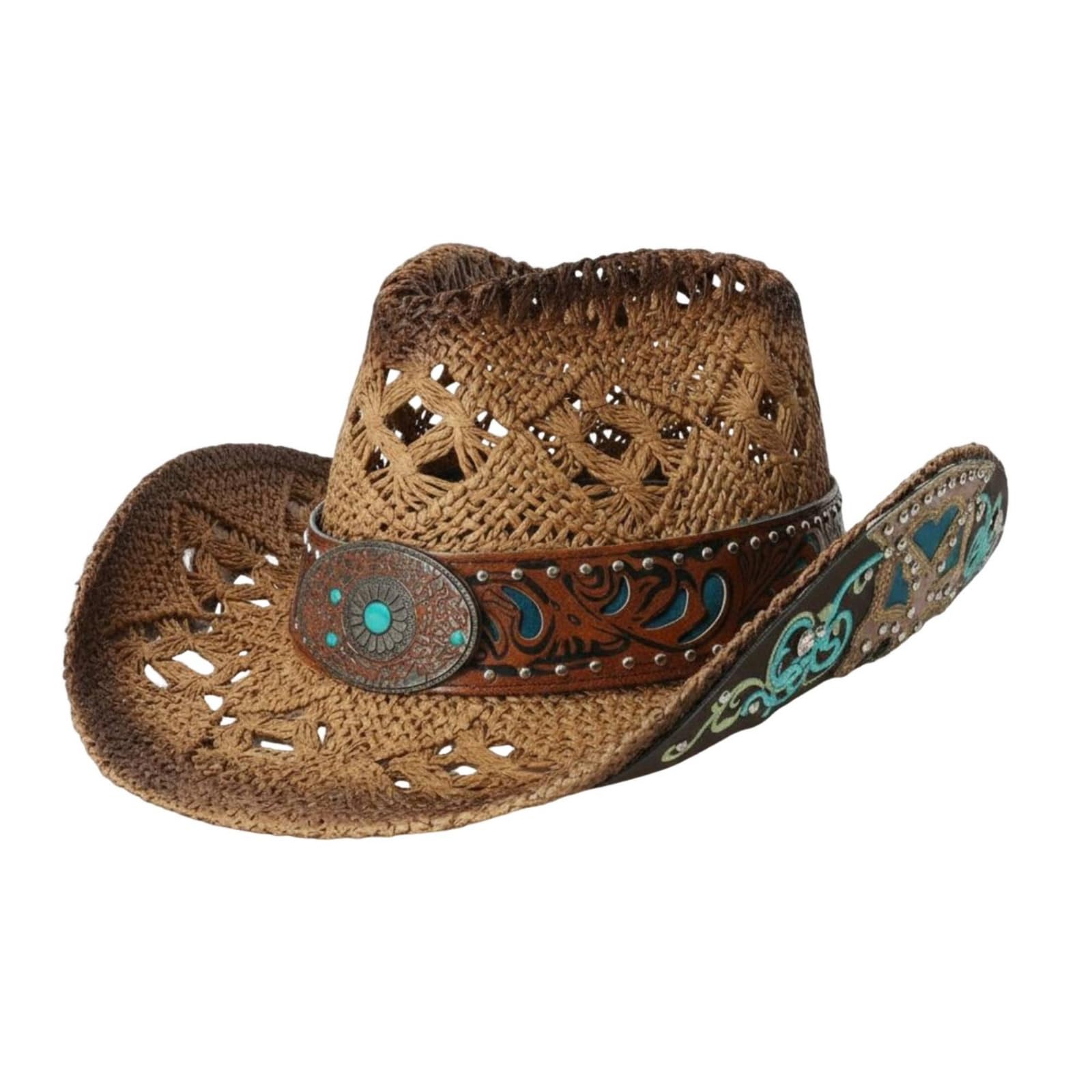 Embroidered Straw Cowboy Hat Decorative Belt Turquoise Band Cowboy Hat Vintage Design Fashion Accessory for Vacation, Beach, Outdoor, Khaki Coffee Band-image-45