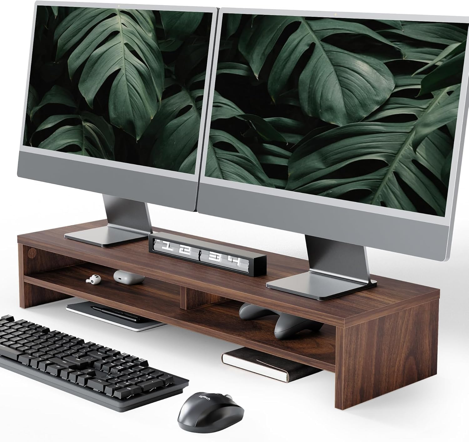 Wefour Wooden Monitor Stand Riser with Storage Shelf for Desk | Ergonomic Desktop Organizer for Laptop, PC, Screen | Oak Finish Table Shelf