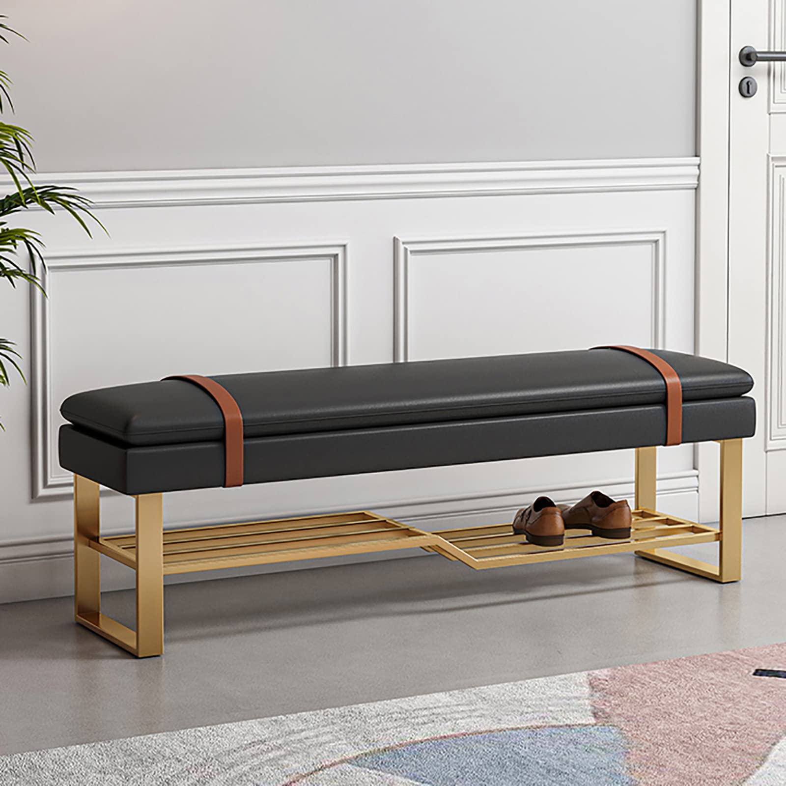 WJFTODAY Luxury Metal Shoe Bench with Upholstered Seat Entryway PU Leather Storage Modern Stylish Footrest for Bedroom and Hallway Comfortable Shoe Rack Stool