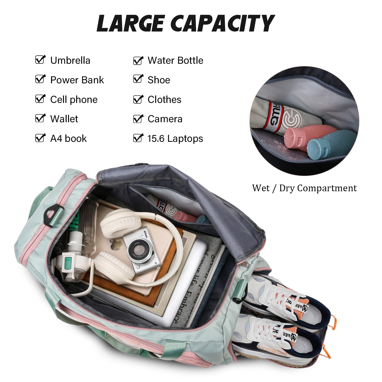 Suweir Sporttasche Damen 45L Reisetasche mit Schuhfach Nassfach Wasserdicht Weekender Travel Gym Duffle Bag mit Rucksack Schwimmtasche Trainingstasche Badetasche für Fitness, Sport, Reisen