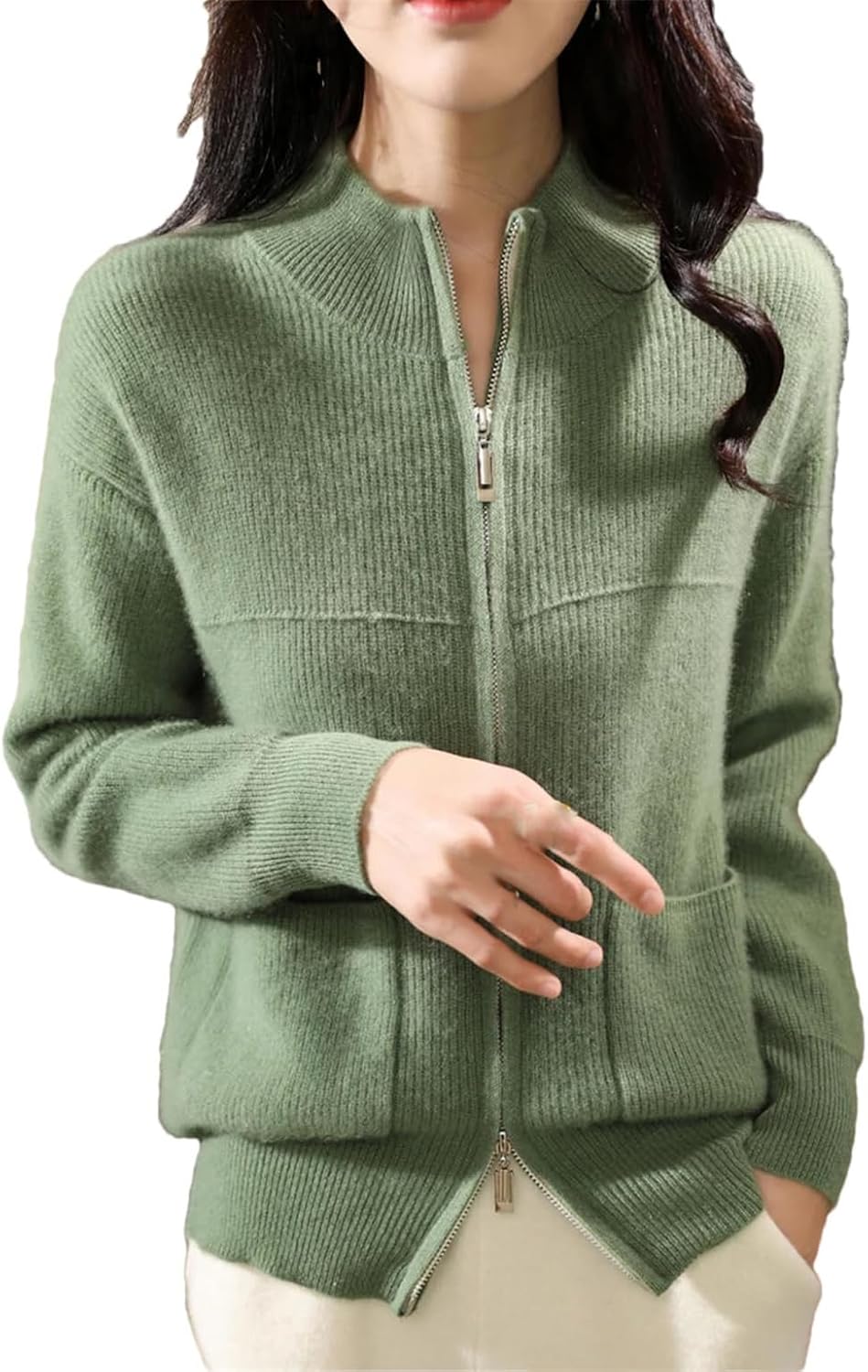 Women's Woolen Sweater Mock Neck Knit Cardigan Long Sleeve Zipper Solid Color Jumpers Outwear