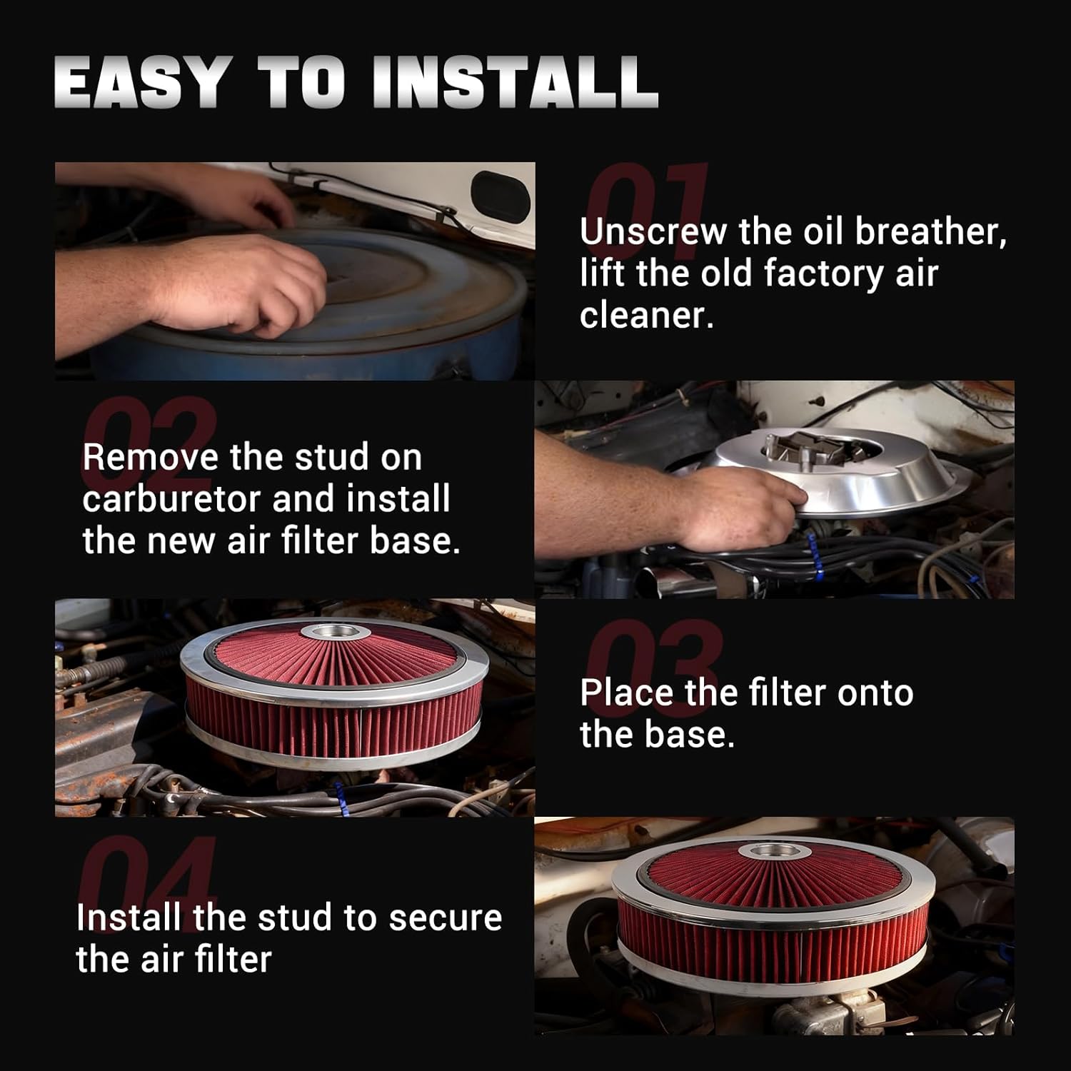 14" X 3" Round Air Cleaner Filter Assembly Kit With High- Flow Thru Lid Washable & Reusable for Caburetor Lid 5-1/8" Carb Neck Compatible with Ford/GMC/Chevy SBC BBC (RED)