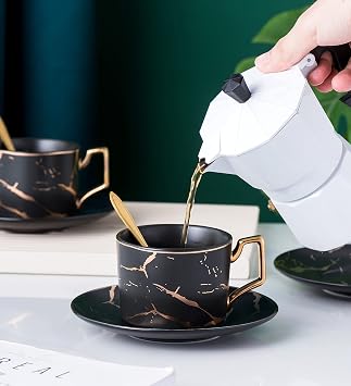 Jusalpha Serve of 4- Hand Printed Golden Matte Ceramic Marble Tea Coffee/Tea Cups with Spoons and Cup Holder, 7OZ -TCS26 (Black/Gold, Serve of 4)