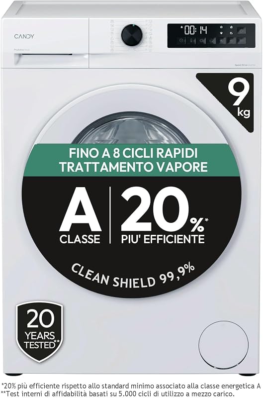 Candy ProWash 300, Lavatrice Carica Frontale, 9KG, 1400 giri, 16 Programmi, 8 Cicli Rapidi, Trattamento Vapore, Motore Silent Inverter, Bianco - GD 498-S [Classe di efficienza energetica A]