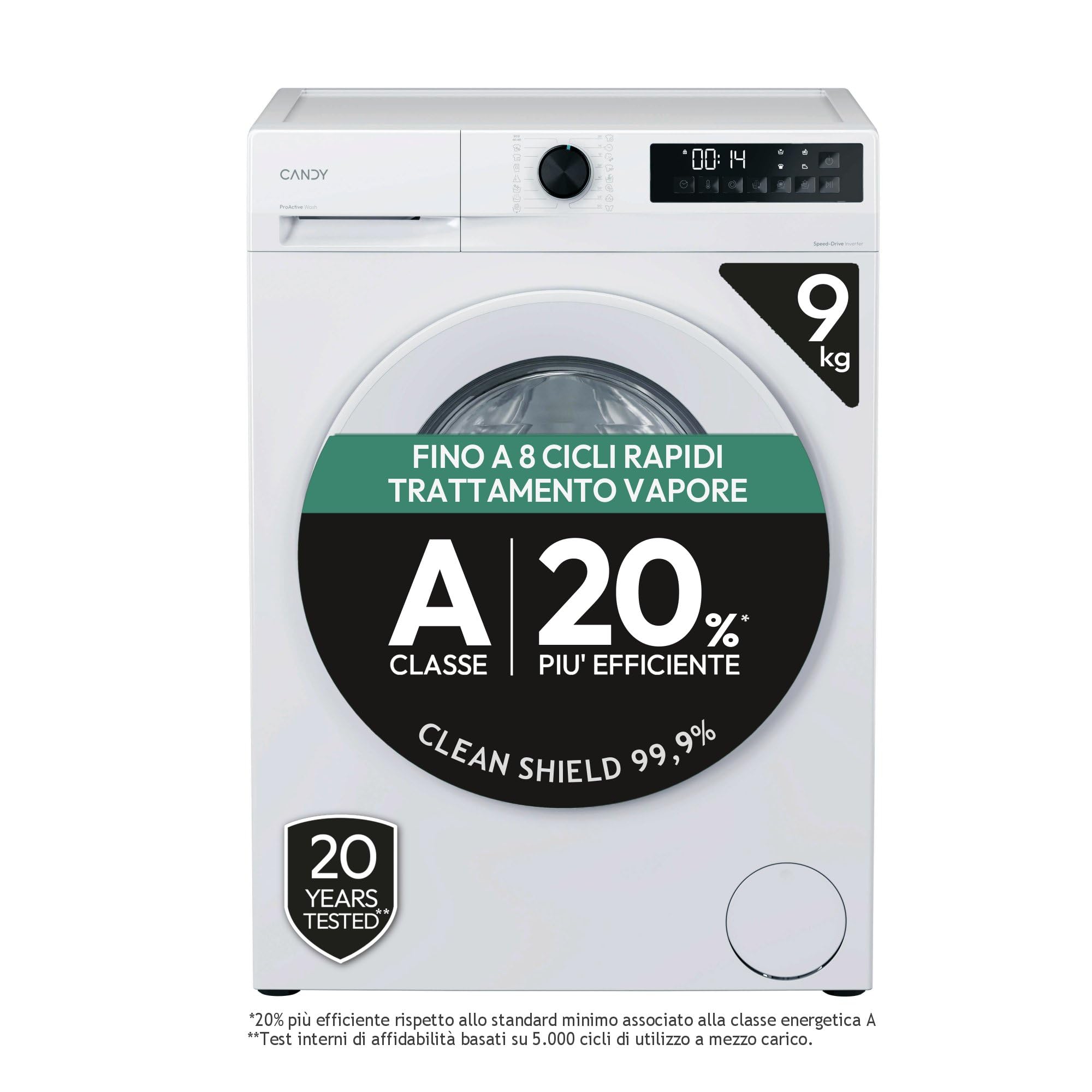 Candy ProWash 300 washing machine with door open, showing the drum and control panel.