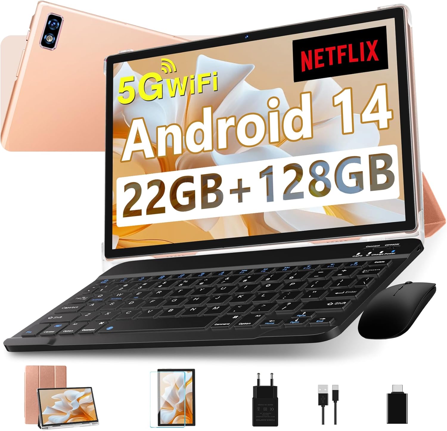 Tablette 10 Pouces Android , 20 Go RAM + 128 Go ROM (TF 2 To), Octa Core/ 5G+2,4G Wi-Fi 6/ Bluetooth 5.0/ 6000 mAh/ Widget/8 MP+5 MP/Widevine L1/GMS ,Tablette 2 en 1 avec Clavier et Souris - Or Rose — vue 10