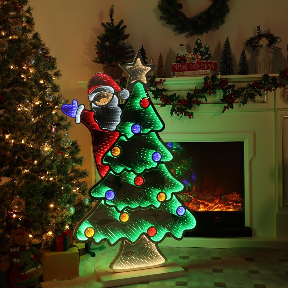 hogardeck Christmas Decorations Indoor, 4 FT Christmas Tree with Santa Infinity Mirror Tunnel Light, 3D Endless Extension Night Light for Home Living Room Party Indoor Outdoor Xmas Decor
