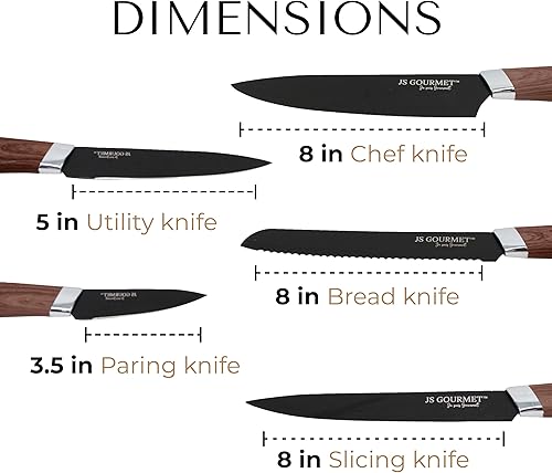 Miniatura 4 de Juego de 5 cuchillos con bloque de almacenamiento para cocina, cuchillas de acero inoxidable al carbono, cuchillos negros, asas ergonómicas de