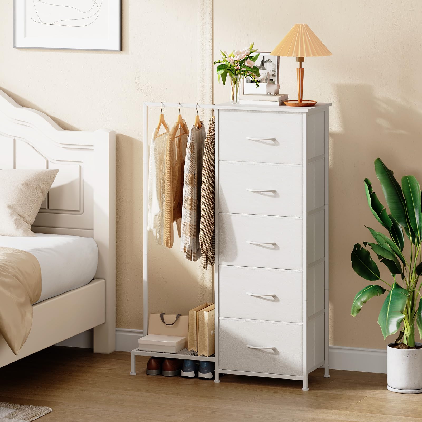 Somdot Commode Chambre avec Penderie, Meuble de Rangement Chambre à 5 Tiroirs en Tissu, Commode pour Salon, Couloir, Entrée, Adult, 30P x 79l x 114,5H, Blanc