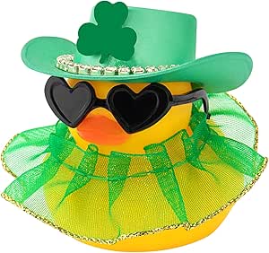 wonuu St Patrick's Day Rubber Duck, Green Shamrock Lucky Rubber Ducks with Skirt for Duck Party Favors Dashboard Decoration Car Ornament, Heart Sunglasses Diamond Cowboy Hat Gold Hem Dress