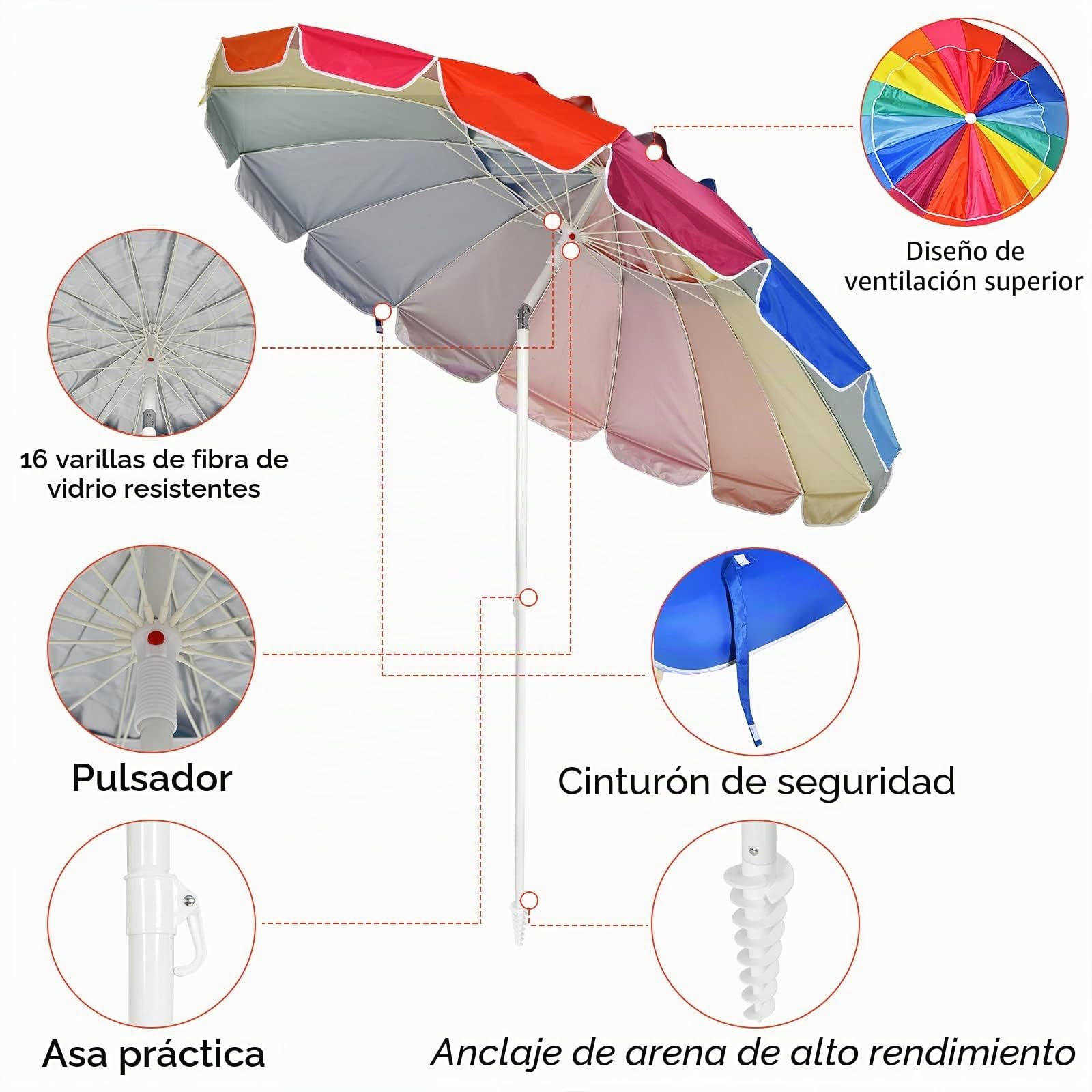 GOPLUS Sombrilla Playa Grande con 16 Varillas(Arcoíris, φ245 cm) | Parasol Terraza Exterior con Protección UV, Ventilación, Antiviento, UPF50, Sombrilla Inclinable para Piscina