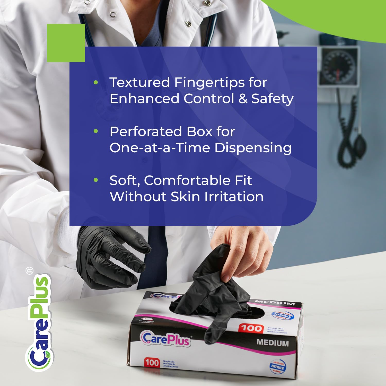 Care Plus Guanti in nitrile per esami medici, taglia L, neri, senza lattice, senza polvere, non sterili, per uso alimentare, meccanici, 100 pezzi