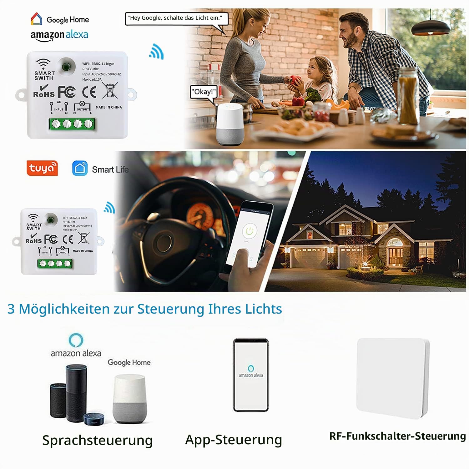 DieseRC Mini Wireless WiFi Switch, 2500W 10A RF Relais Fernbedienung 3 Empfänger mit 1 Wireless Wandschalter, Smart Control per Telefon über Tuya APP, Kompatibel mit Alexa/Google Home