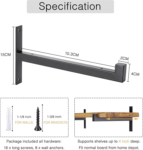 Miniatura 10 de OVOV 4 soportes de estante resistentes montados en la pared de metal industrial (8 pulgadas, 4 unidades, negro)