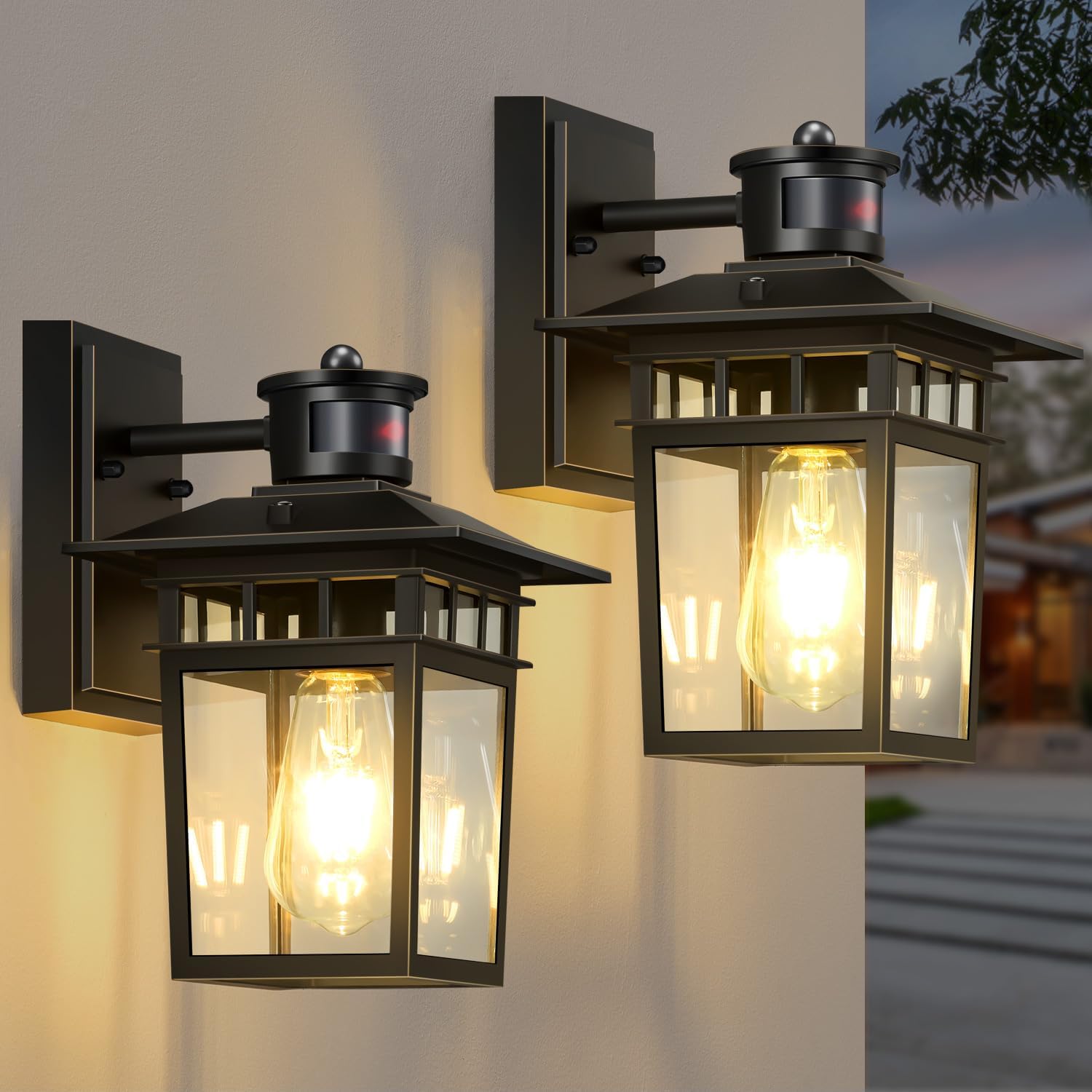 Motion Sensor Outdoor Lights Wall Mount, Dusk to Dawn Exterior Sensor Light Fixture Wall Mount, Outdoor Light for House Porch Garage Patio, Exterior Black Gold Wall Sconce, Anti Rust