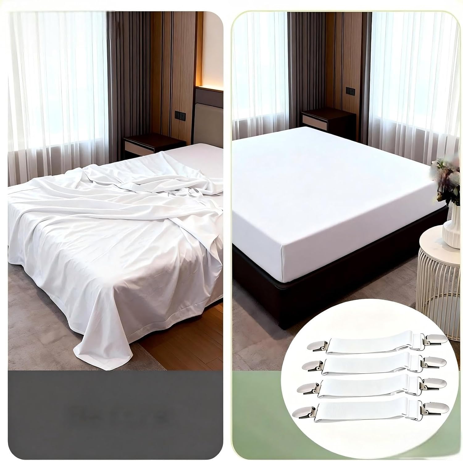 Bed Sheet Holders For Corners & Duvet Clips Set, Keep Sheets firm & tight and Stop Comforter form Bunching Up, with Storage Box (Includes 4 bed Sheet Straps, 8 Duvet Cover Clips , 1 Threading Tool)