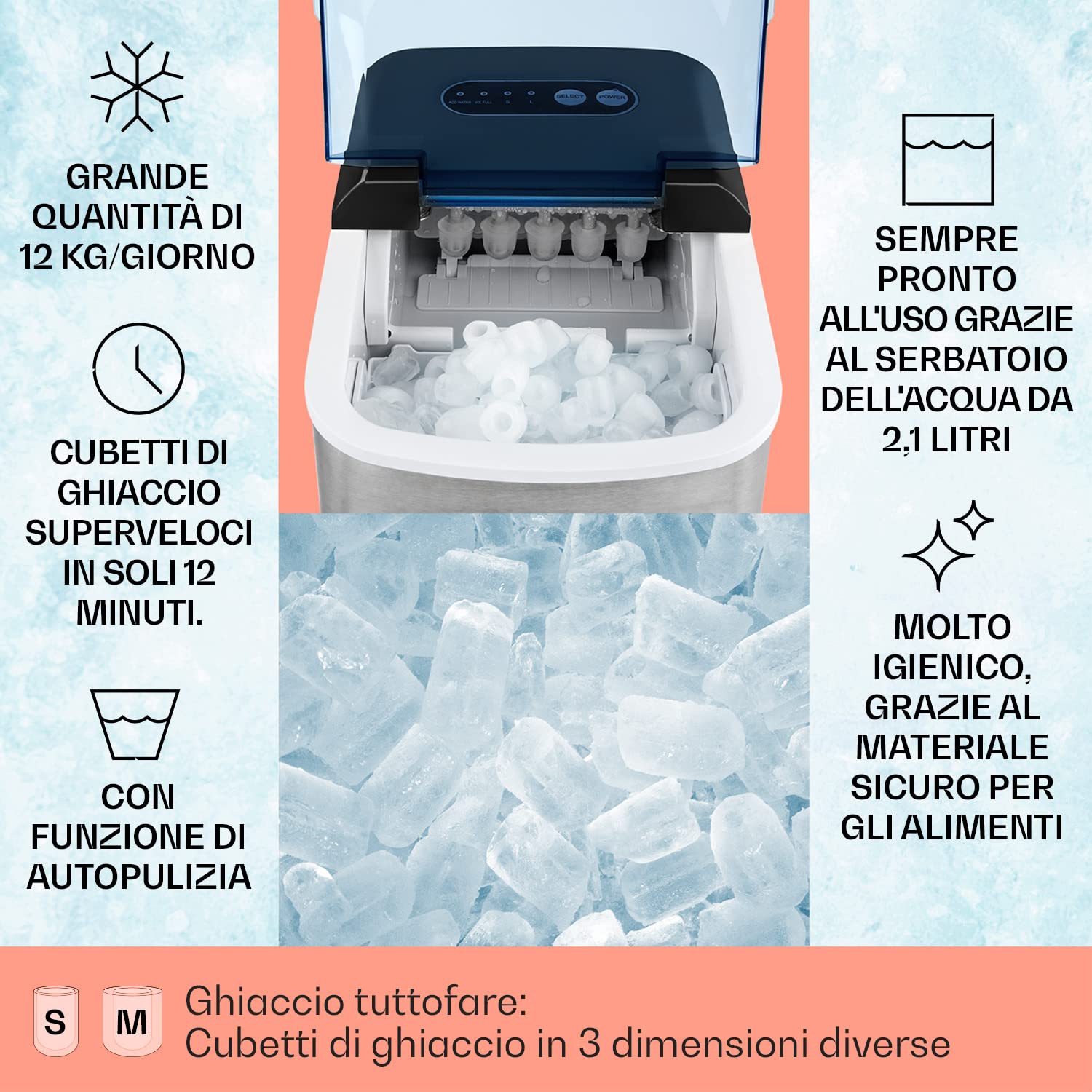 Klarstein Macchina Ghiaccio 2.1L, Macchina del Ghiaccio Professionale, Fabbricatore Ghiaccio Secco Alimentare 12kg, Cubetti di Grandi Piccole Dimensioni, Macchina Ghiaccio Casa Autopulente Cocktail