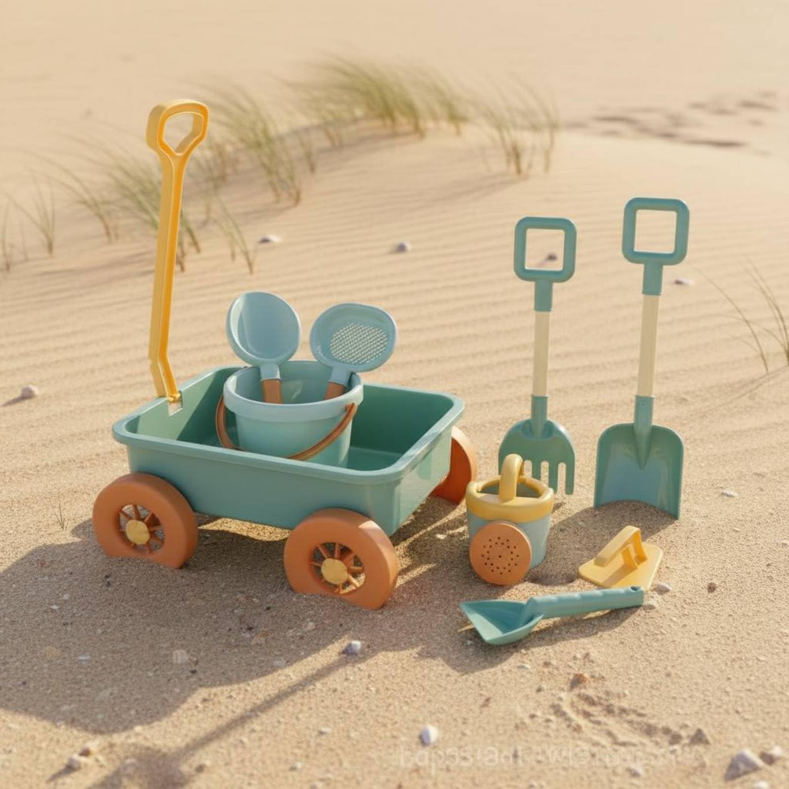 Kinder Sandwagen Handziehwagen Spielset Tragbarer Sandwagen Funktion für Sommerferien Gartenspielplatz, Koreanischer Originalstil, Olivgrün