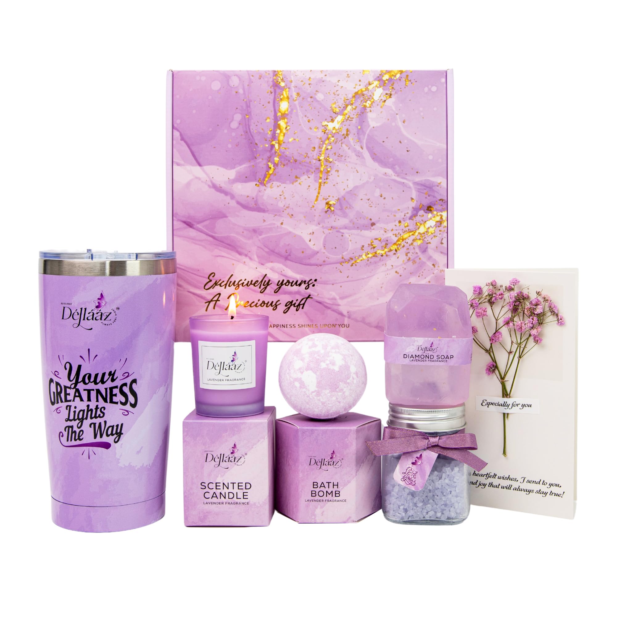 Lavender Spa Gift Set for Women 6pcs - Includes Candle, Handmade Soap, Bath Bomb, Bath Salts, Tumbler & Greeting Card - Ideal Gift for Birthdays, Mother’s Day, Christmas, or Special Occasions
