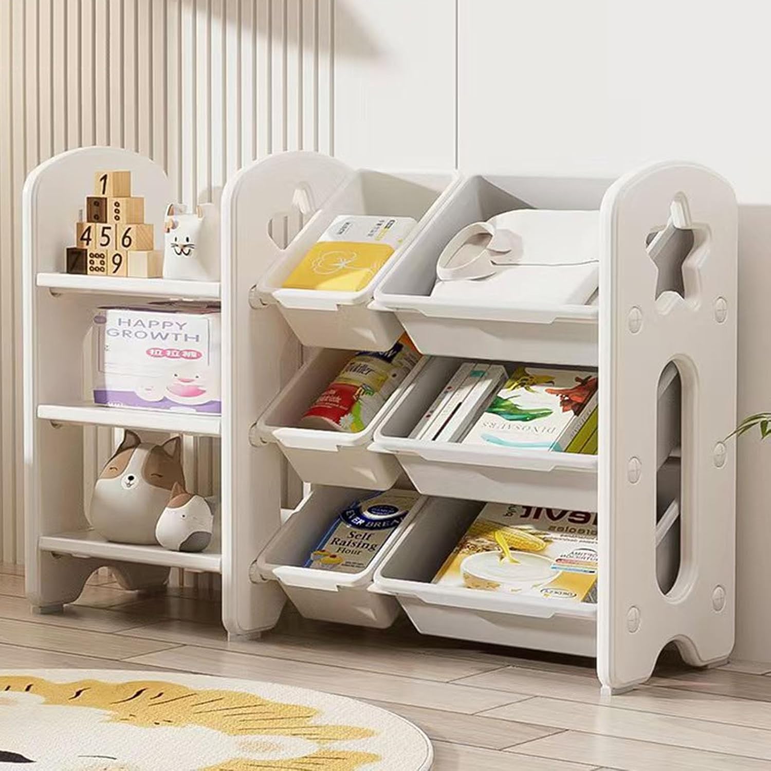 Toy Storage Organizer with Bookshelf Kids Playroom Organization with 3 Shelves and 6 Toy Bins Children's Storage Cabinet for Kids Room, Bedroom, Nursery(Yellow)