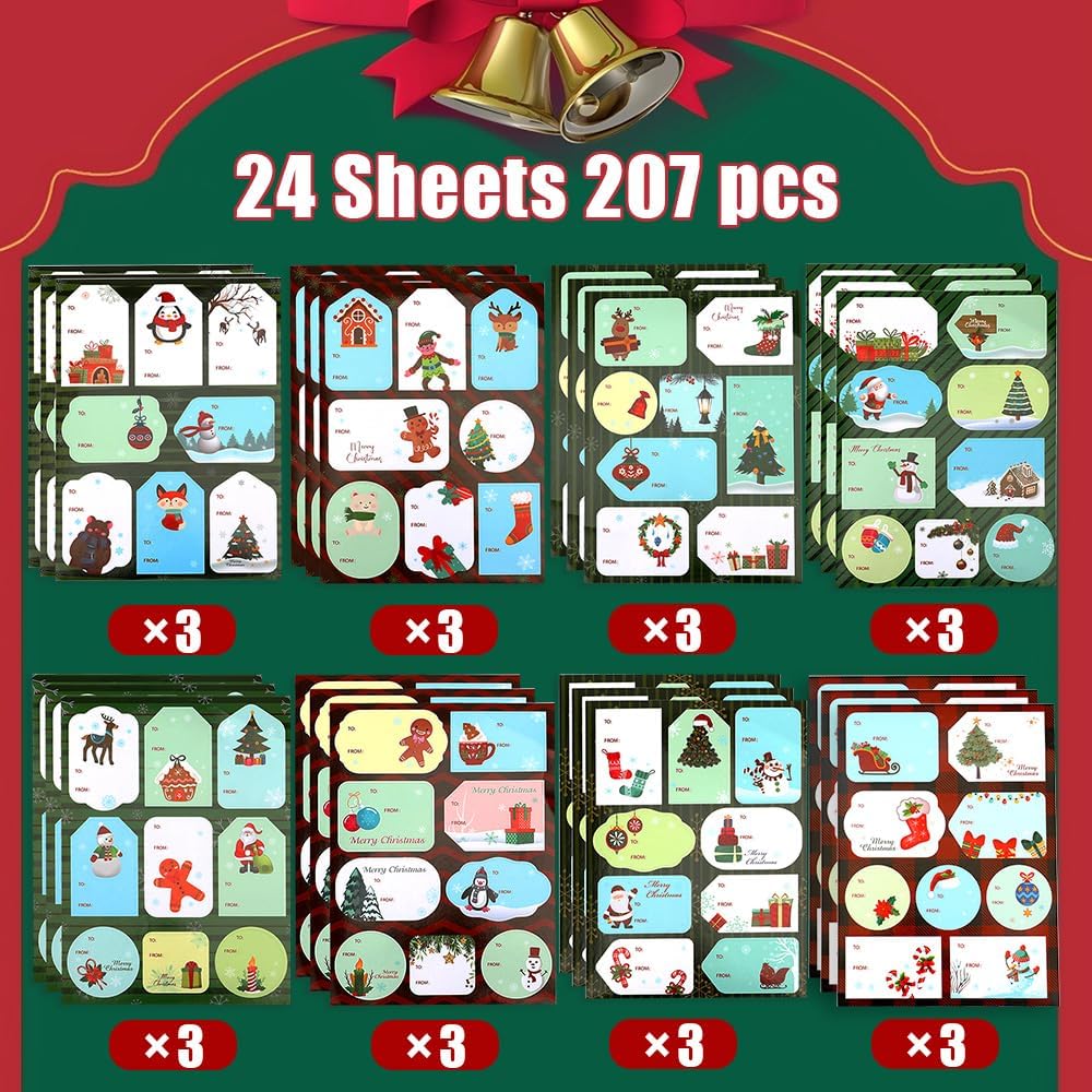 Christmas Gift Tags Stickers, 207 PCS Gift Tags for Christmas Presents, 24 Sheets Self Adhesive Xmas to from Name Tags Labels Stickers Holiday Present Label for Box Cards Envelope Xmas Gift Wrapping - Image 4