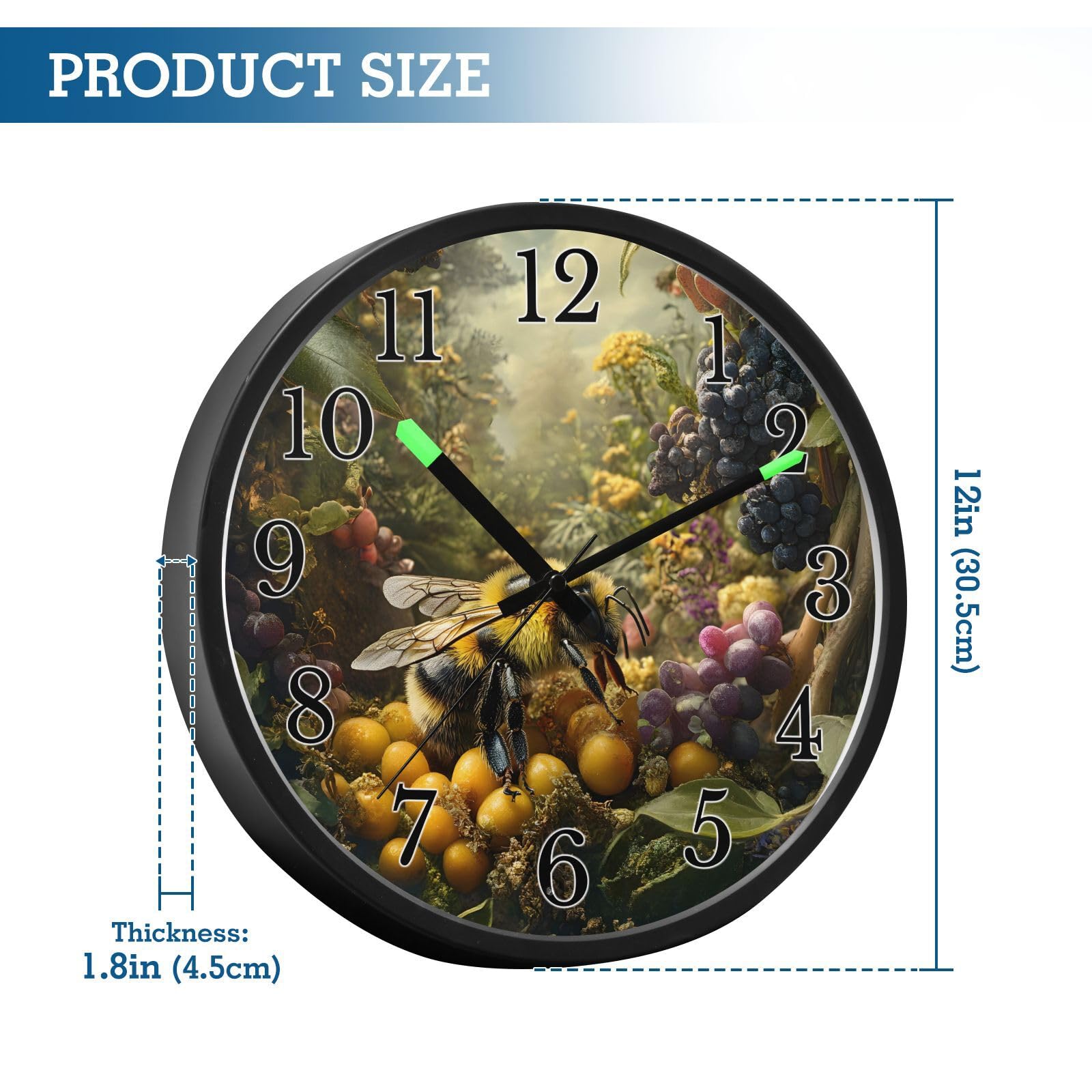 Mnsruu Reloj de pared luminoso con diseño de panal de abeja y uva, funciona con pilas, silencioso, brilla en la oscuridad, para sala de estar, cocina, 30,5 cm