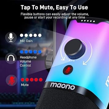 MAONO Yazılımlı XLR/USB Oyun Mikrofonu, Akış Podcast Vokal Kaydı için RGB'li Dinamik PC Mikrofonu, Sessiz Düğmeli Bilgisayar Mikrofonu, Kazanç Düğmesi, Ses Kontrolü, Masaüstü Standı PD100X