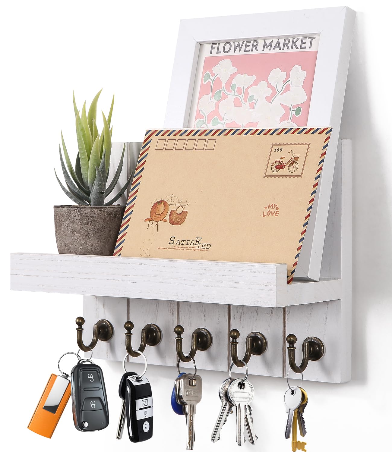 Colgador Llaves,Portallaves de Madera con Estante y 5 Ganchos,Colgador de Llaves Pared Llavero Madera para Pared Cuelga Llaves para Correo Llaves Periódicos para Entrada Baño Pasillo(Blanco)