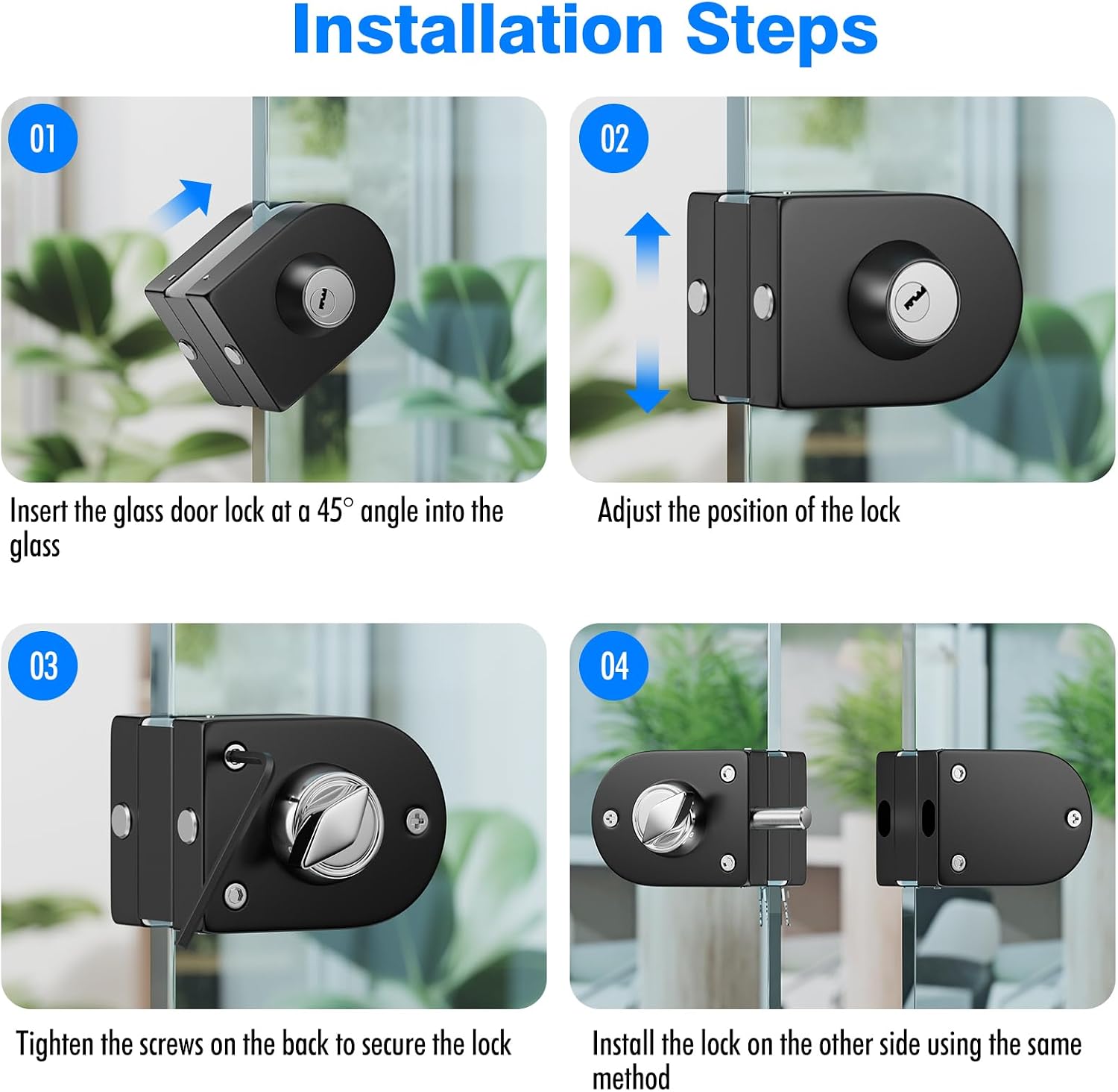 Ranbo Frameless Double-Sided Glass Door Lock,Clamp-On No-Drill,304 Stainless Steel,for 3/8"–1/2"(10-12mm) Swing Door,for Office,Storefront,3 Keys,Matte Black—Double Swing Doors Floor Lock Required