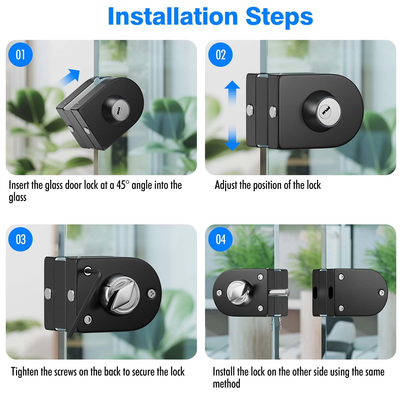 Ranbo cerraduras para puertas sin marco, cierre para puerta de cristal con llave, acabado negro mate, compatible con vidrio de 10~12 mm, instalación sin taladro, ideal para el hogar u oficina