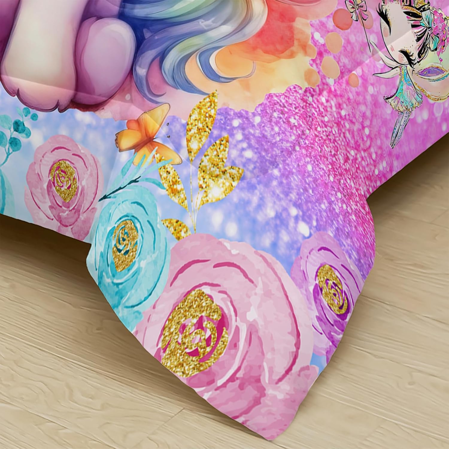 Cute Unicorn Comforter Set Queen for Girls Kids, Rainbow Unicorn Flower Print Galaxy Bedding Set,Soft Microfiber Cartoon Comforter Set with 2 Pillowcases,Toddler Bedding Set
