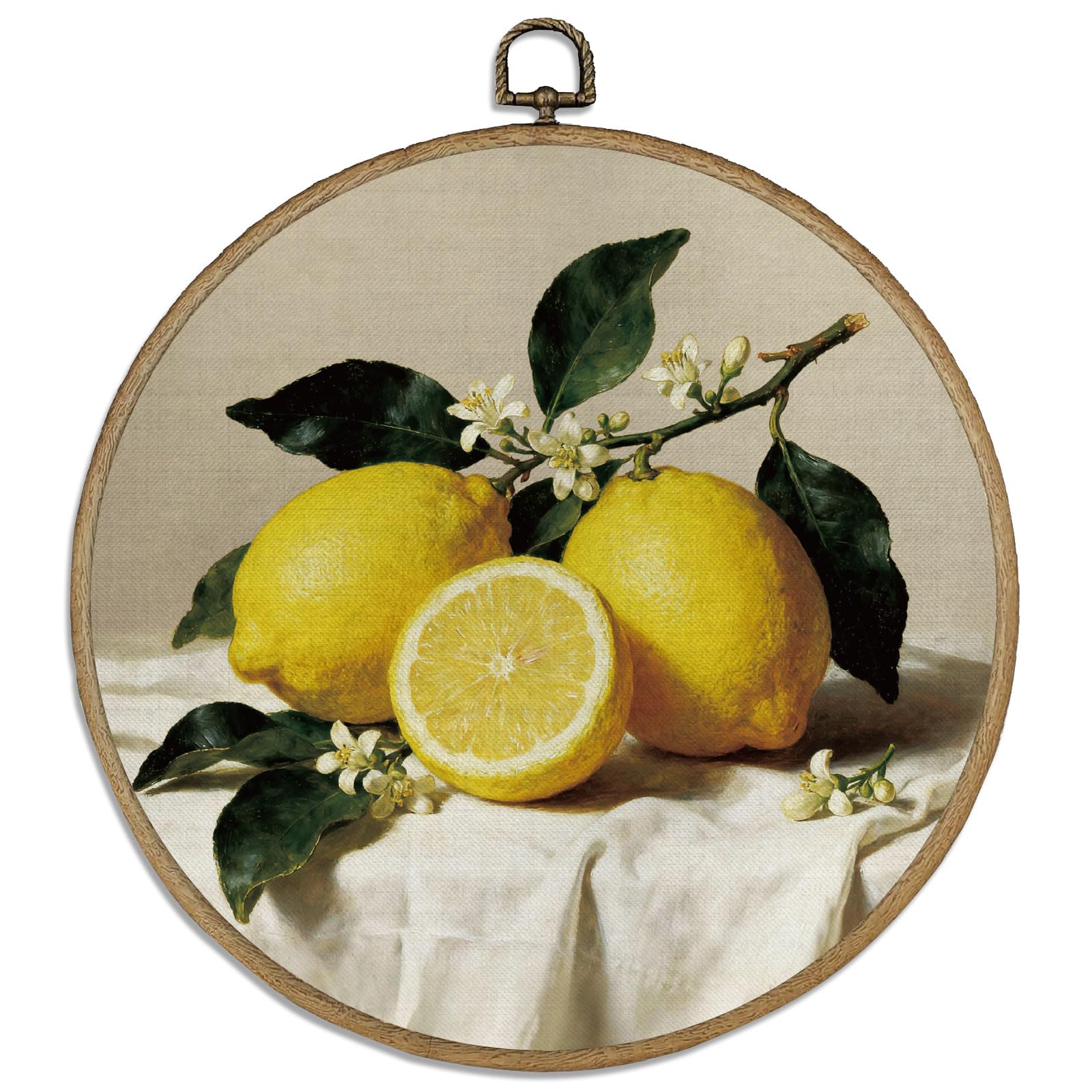 DELORIGIN Lemon Flower Round Framed Wall Art Decor 10" Retro Wall Hanging Canvas Prints Art Canvas Circle Frame Artwork Print for Walls Farmhouse Sculptures Bedroom Living Room Porch