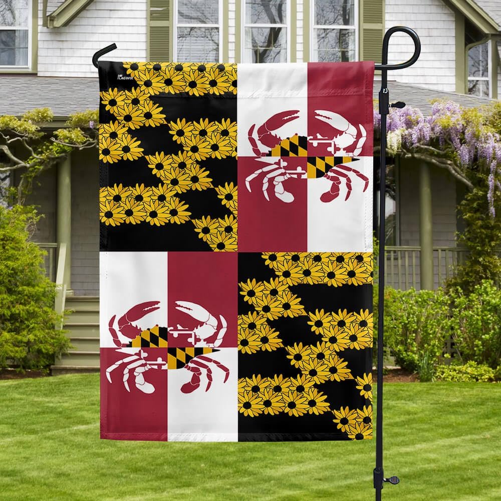 FLAGWIX Maryland State Crab & Black-eyed Susan Flower Flag, House Flag (29.5" x 39.5"), USA Flags, Patriotic, Red, White, Blue, Black, Yellow, Polyester, Double Sided, UV Fade Resistant