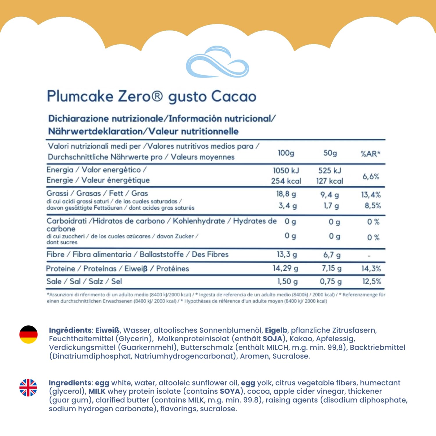 Nuvola Zero – Plumcake Zero mit Kakao ohne Kohlenhydrate, laktosefreier Snack, zuckerfrei, glutenfrei, reich an Ballaststoffen, Packung mit 12 Stück, hergestellt in Italien