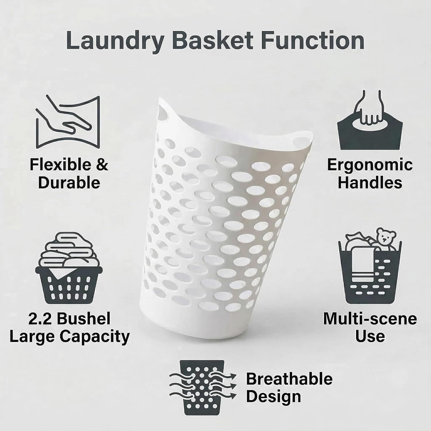 (2-Pack) 2.2 BUSHEL Flexible Laundry Basket, Lightweight and Easy to Clean，Tall Plastic Hamper for Clothes，Bedroom and Storage - Portable Circular Laundry Basket with Handle，White