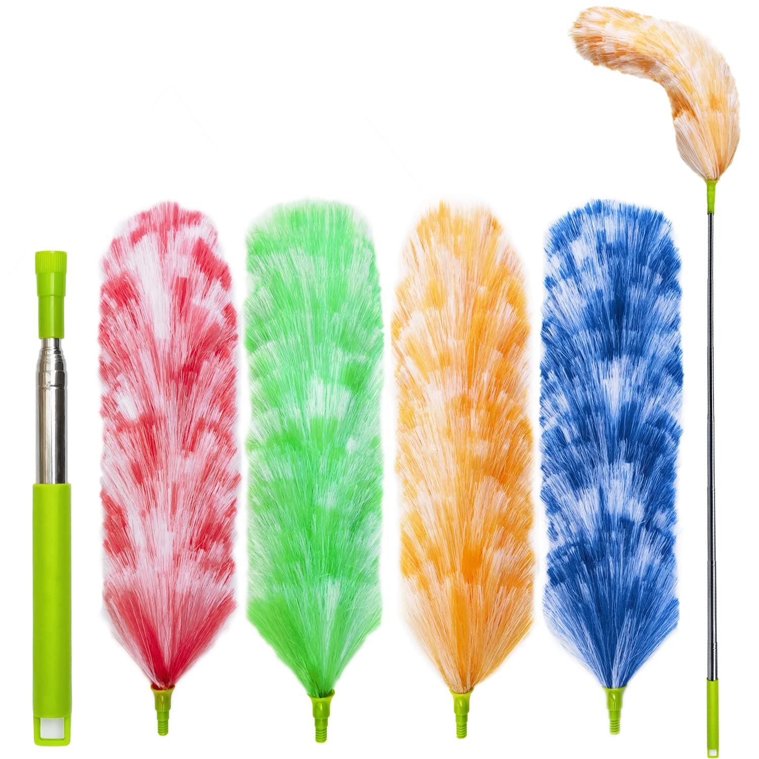 4 Pack 25" to 55" Extendable Plasitic Feather Duster with Stainless Steel Pole - Flexible, Washable, and Electrostatic, Cleaner for All-Around Cleaning of Ceilings, Walls, Furniture, Cars, and More
