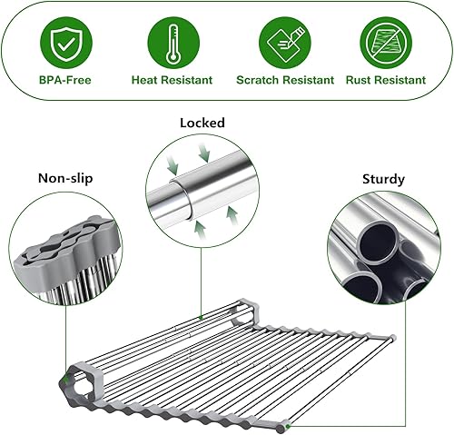Miniatura 5 de Sindax Escurridor de platos enrollable 23 x 13 pulgadas elástico de acero inoxidable sobre el fregadero estante multifuncional plegable sobre el