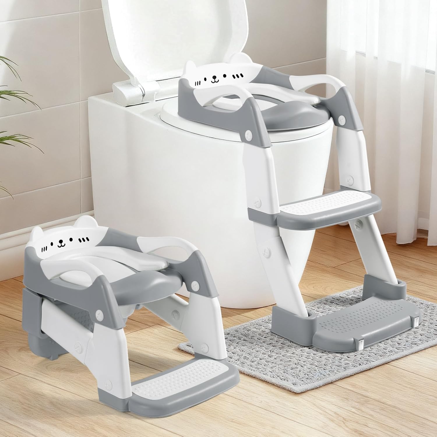 Orzbow Potty Training Seat, Toddler Toilet Seat with Step Stool Ladder, 2-in-1 Toddler Potty Training Toilet Chair for Kids Boys Girls - 5-Level Adjustable Height | Splash Guard | Anti Slip Pad, Grey Gray
