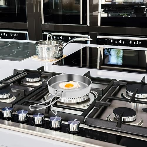 Miniatura 7 de Sartén de acero inoxidable para acampar, olla de cocina portátil al aire libre con asa, utensilios de cocina antiadherentes ligeros para senderismo,