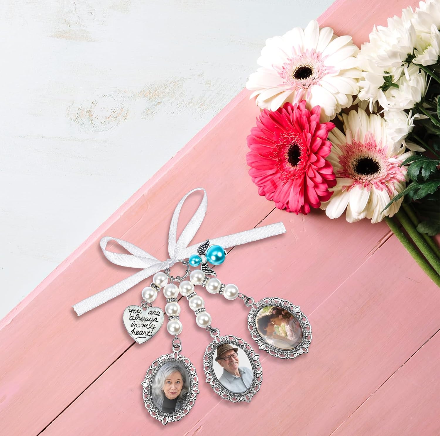 Wedding Bouquet Photo Charms Oval Bridal Bouquet Charm with 3 Picture Frame, You Are Always in My Heart DIY Picture Bride Memorial Charm for Wedding Memory - Image 7