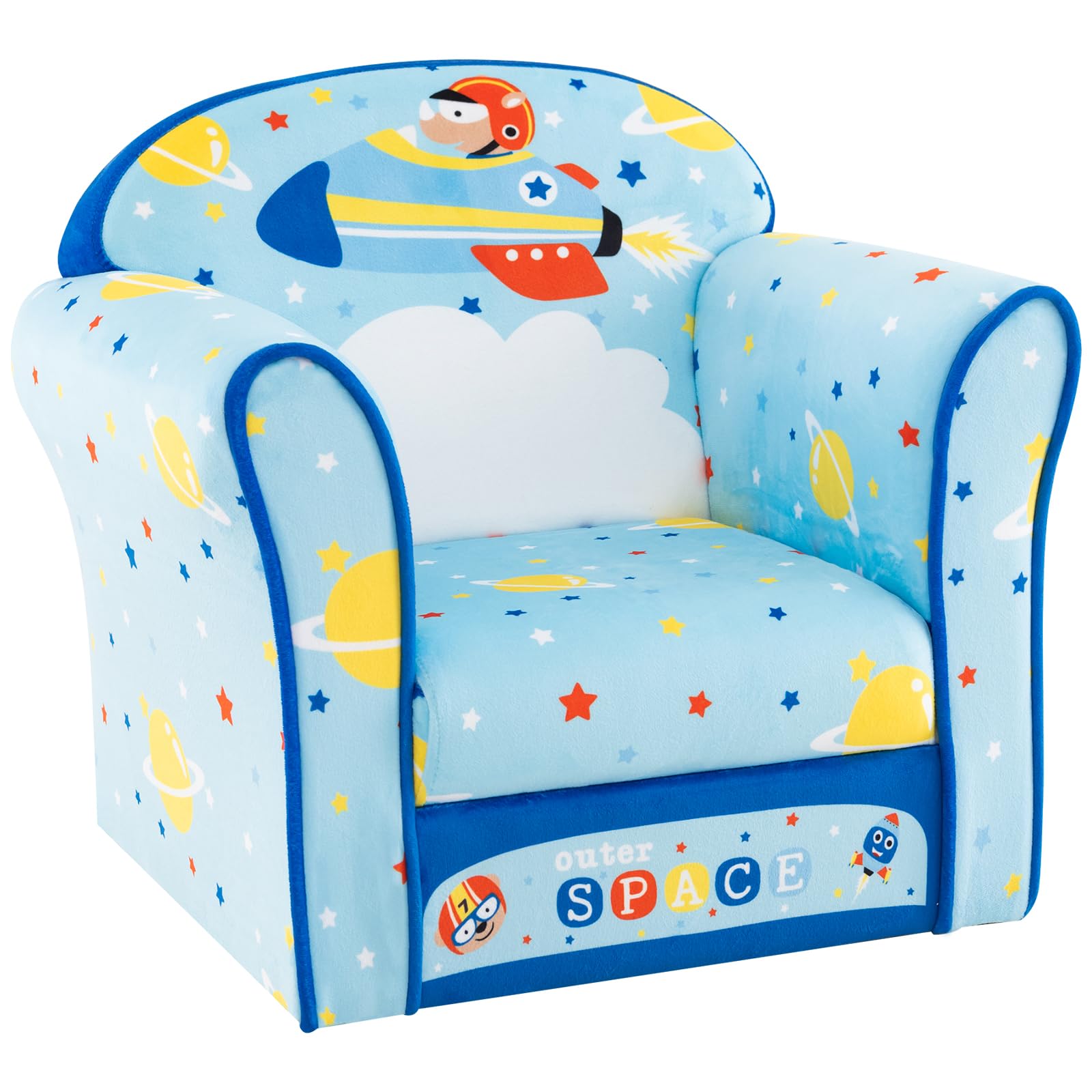 COSTWAY Kids Sofa, Children Upholstered Armchair with Cute Pattern, Wooden Frame, Anti Slip Feet, Toddler Reading Relax Couch Chair for Boys Girls (Blue)