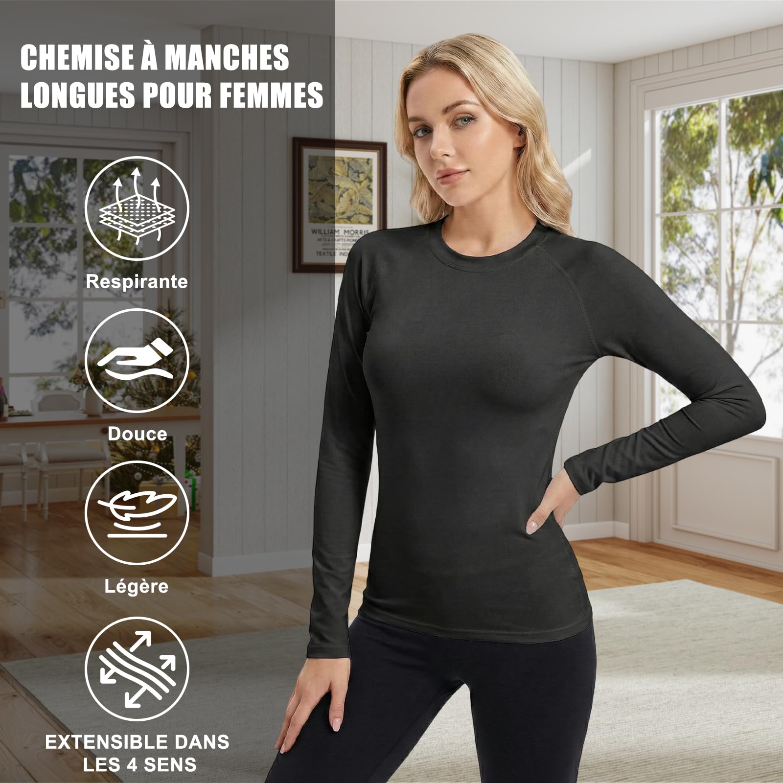 NuCamper 4 Packs Haut Thermique Femme Col Rond à Manches Longues T-Shirt Thermique Femme sous Vetement Chaud Léger Basic T-Shirt Top Slim Moulante Fit pour Hiver Automne Couleur Unie Tee Shirts