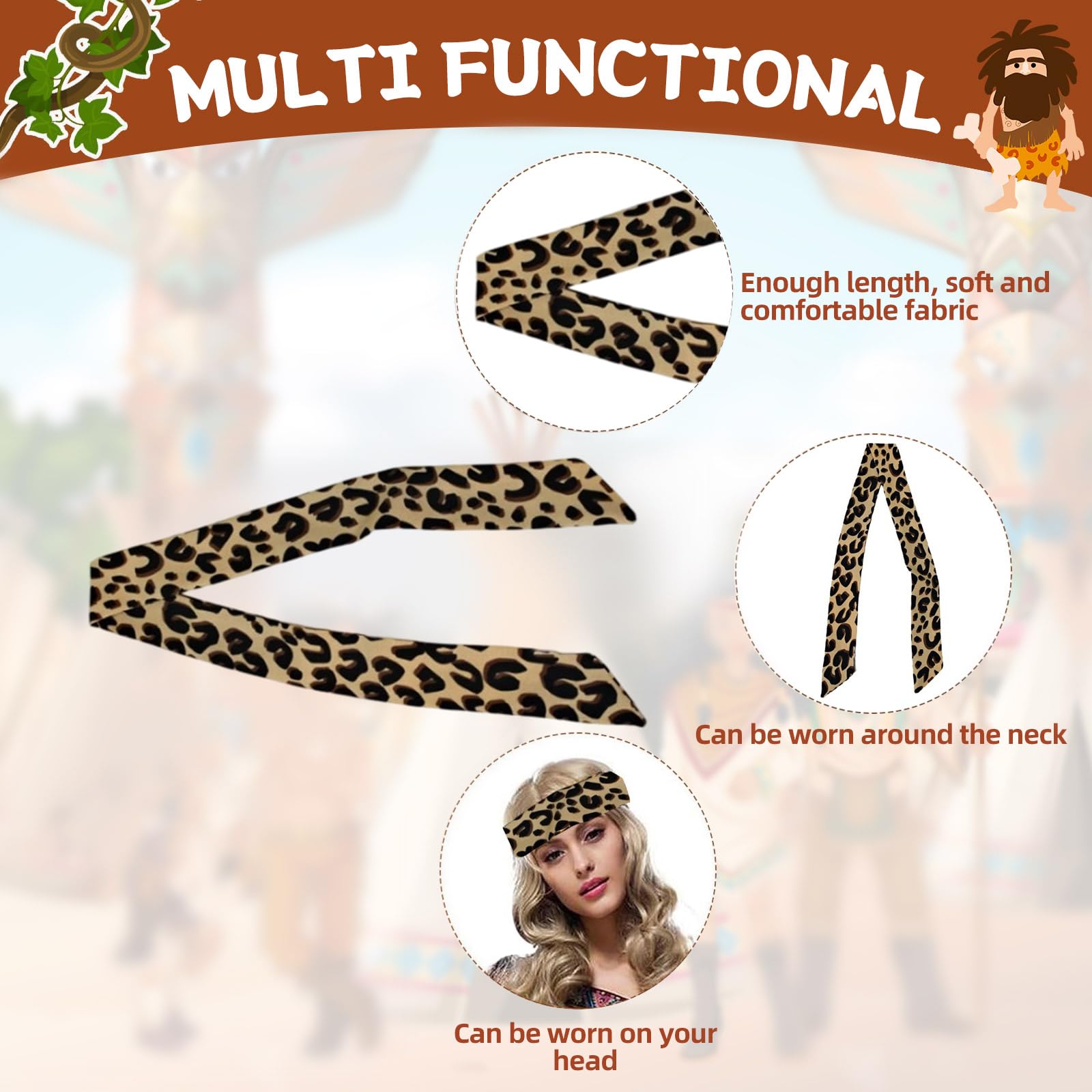 LIUQOBN 5 Pieces Wild Caveman Costumes, Include Inflatable Wooden Stick Leopard Print Scarf And Gloves Ivory Necklace And Earrings,Caveman Costume Accessories Adult For Halloween Costumes Stone Age - Image 3