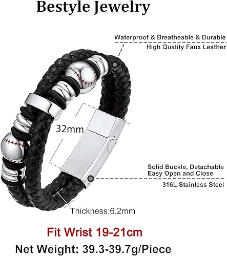 Miniatura 6 de Bestyle Mens Leather Bracelet with Stainless Steel BaseballSoccer Bead Bracelets for Men,Fashion Leather Bracelets for Men, Size 7.58.3Inch