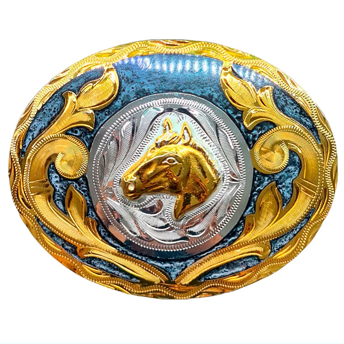 Western Buckles Oval Horse Head Model with 24K Gold Plated, .925 Silver Plated and Gray Resin