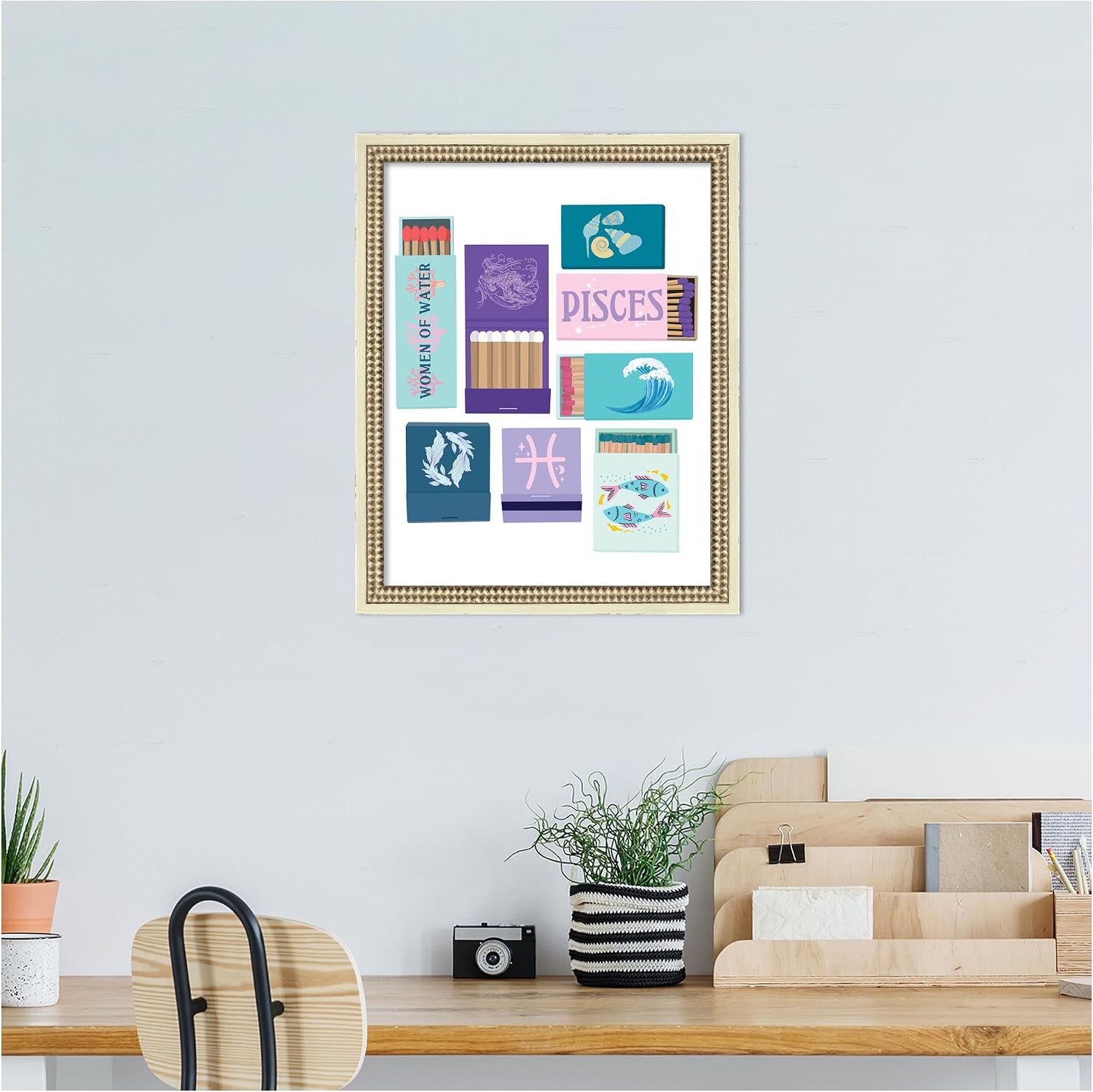 Kate and Laurel Framed Wall Art Print Pisces Matchbooks 14x18 FC by Megan Ryan, 16 x 20, Castellan Distressed White Frame, Whimsical, Typography Art for Wall Decor