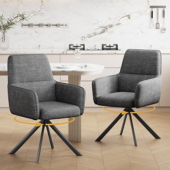 Dining Room Chairs Swivel with Armrests Set of 2 360  Rotatable Upholstered Chair Kitchen Chair Chenille Chairs Dining Room Makeup Chair with Metal Legs for Dining Room Kitchen Bedroom Dark Grey