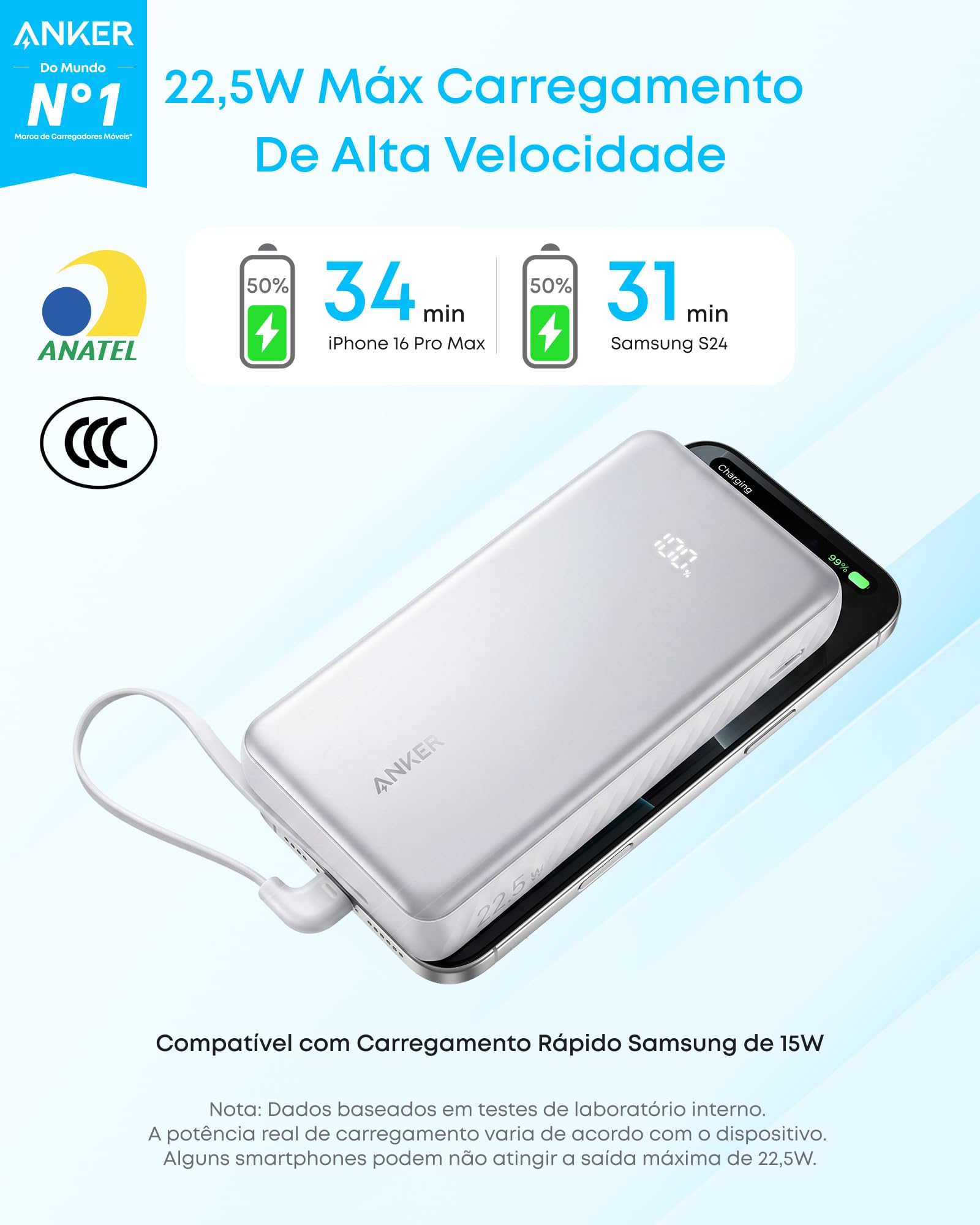 Anker Zolo Power Bank 20.000mAh, Carregador Portátil, Cabo USB-C